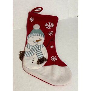 Red Christmas Stocking Snowman Snowflakes 18" Fleece Sewn Appliqué Soft Winter